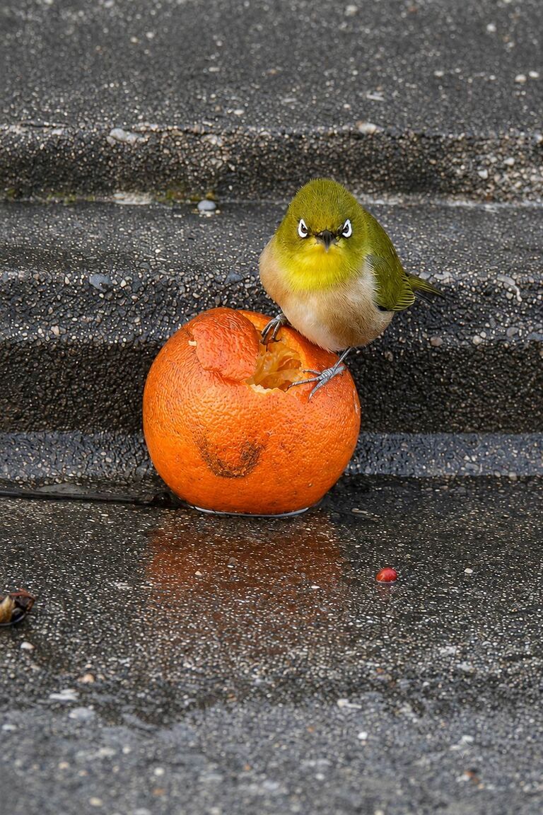 石段の上、食べかけの蜜柑の上からこちらを見るメジロ。